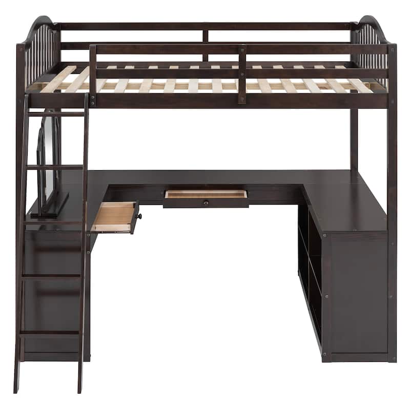 Full Wooden Loft Bed with U-shaped Desk,Storage Compartments and Tri-fold Mirror, Gray