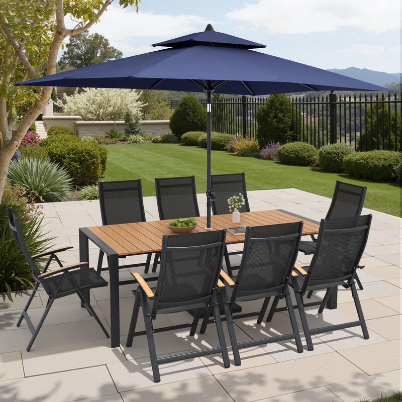 9/11-Piece Outdoor Patio Dining Set Aluminum Dining Table and Chairs w/10 ft Market Umbrella and Base - Set of 11 - Brown Table with Navy Blue Umbrella
