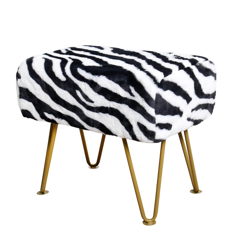 Home Soft Things Zebra Fauxfur Ottoman with Gold Metal Legs.