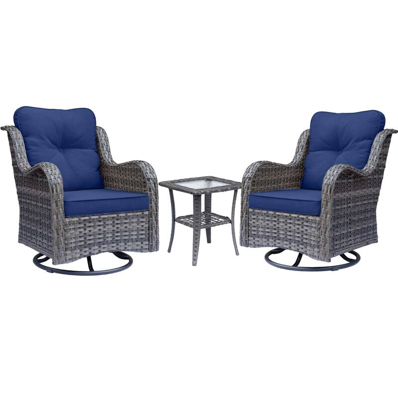 3 Piece High Back Outdoor Wicker Patio Conversation Swivel Chairs Set