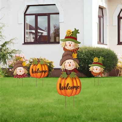 Glitzhome 46"H Fall Metal Stacked Scarecrow & Pumpkin Yard Stake for Thanksgiving Decor