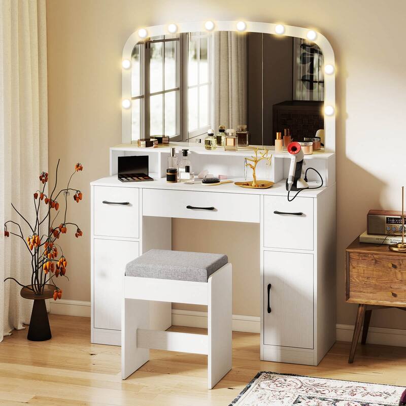 Costway Vanity Desk Makeup Table with with Stool Large Mirror 3-Color - See Details - White