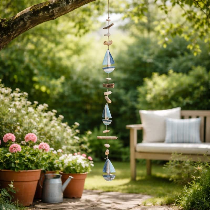 Decorative Wooden Boat Hanging Beaded Garland - 39", Blue & White