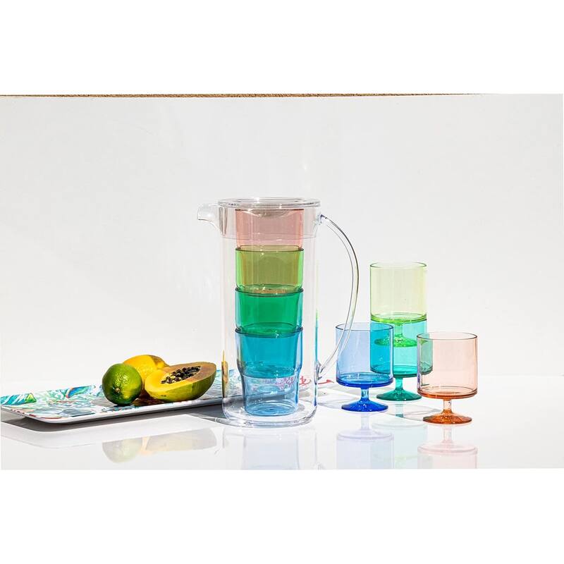 Abode Homewares Simple Acrylic Stacked Nested Pitcher with Lid & Glasses Set - Multicolor Blues - Set of 6