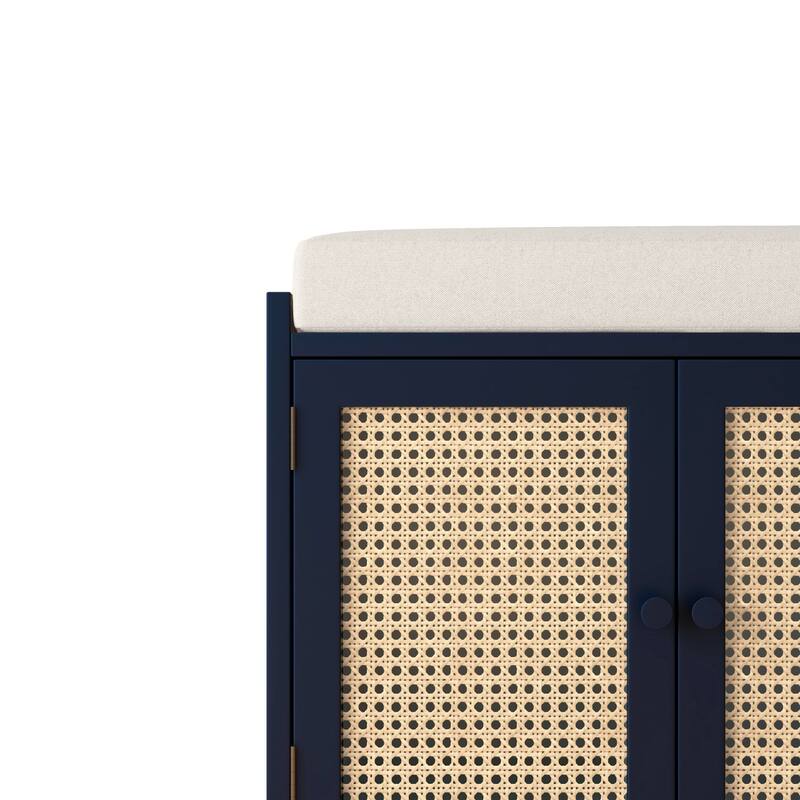 Upholstered Storage Bench with Cabinet Rattan Style Wood Cabinet