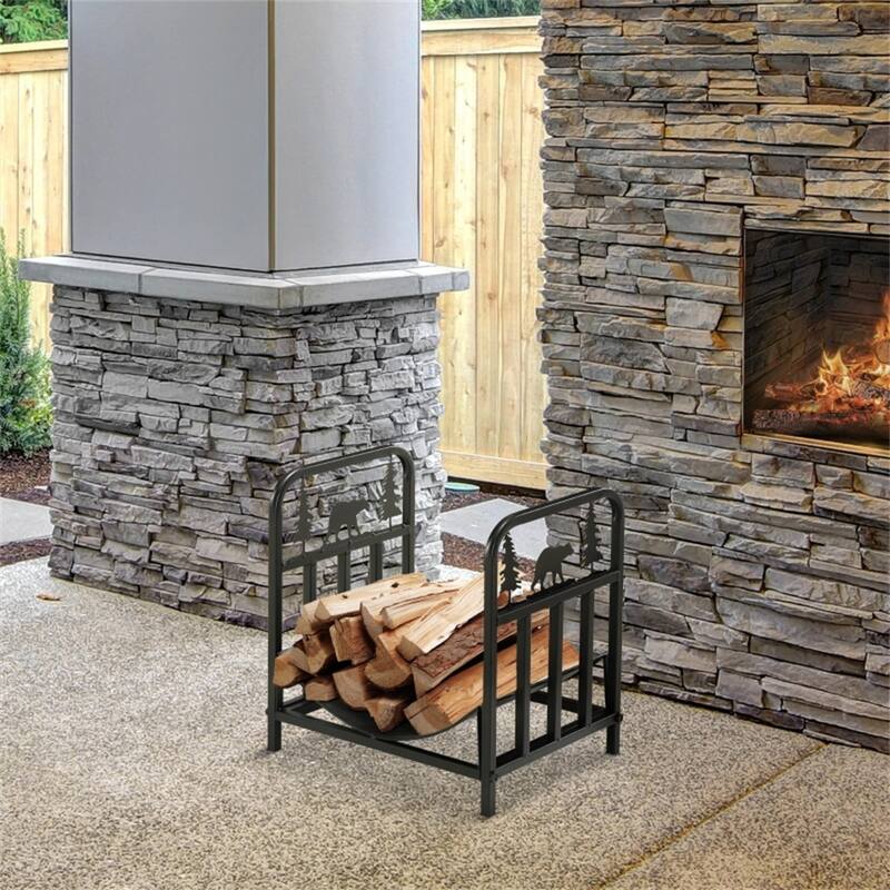 Bear and Tree Firewood Rack Powder Coated Steel Indoor Outdoor Wood Holder Black - 16.5" L x 13.25" W x 17" H