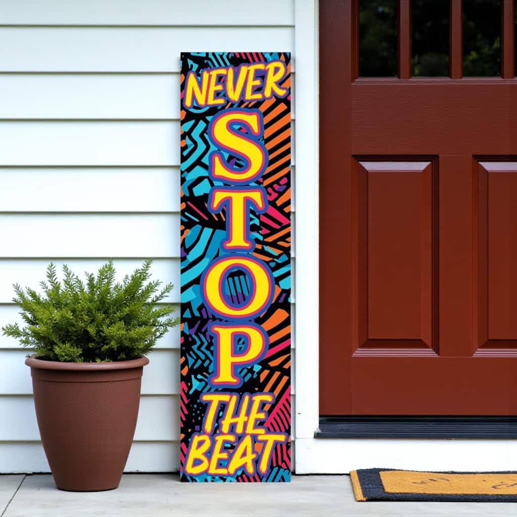 HomeRoots 36" Blue Black And Yellow Solid Wood Never Stop The Beat Porch Sign