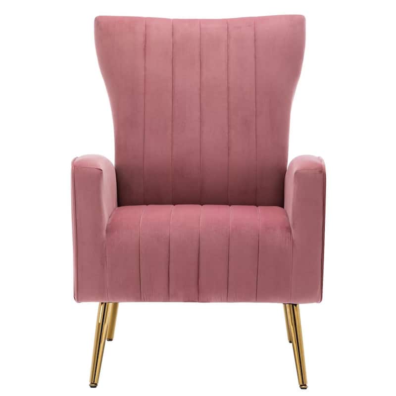 Velvet Comfy Accent Chair Cozy Arm Chair with Wingback and Gold Metal Legs - Pink