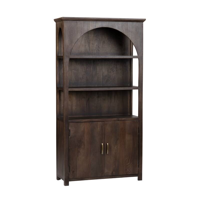 76 in. Brown Solid Wood 3 Shelf 2 Door Bookcase_Accent Cabinet