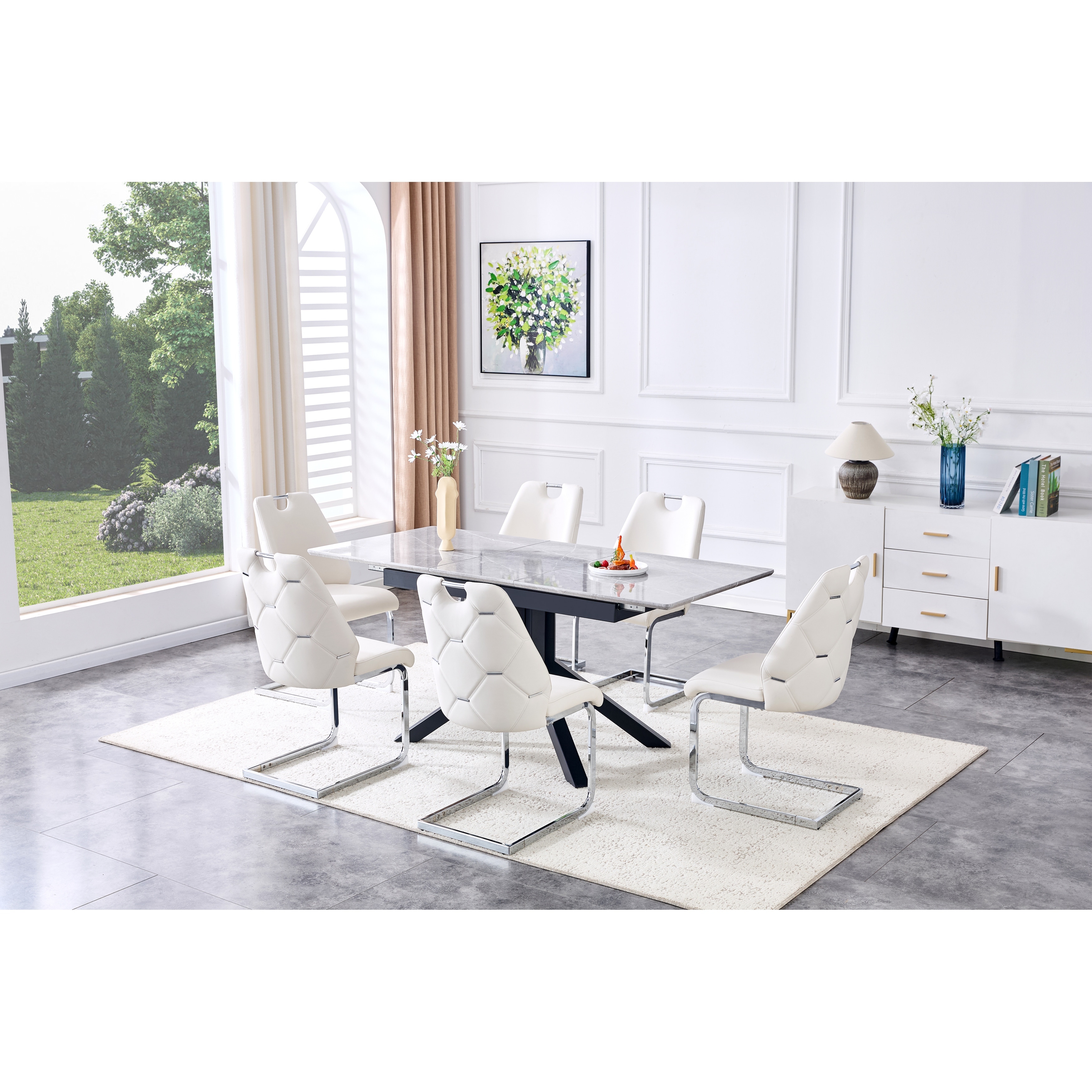 Contemporary Dining Set With Extendable MDF Table And Four Premium Faux Leather Chairs, Rivet Back Design