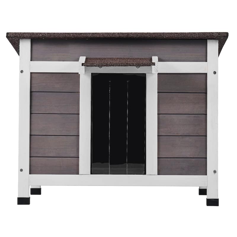 Grey Wooden Outdoor Cat Shelter with Roof Door Flaps and Window Suitable for Any Small Pets - 24" x 21" x 18"