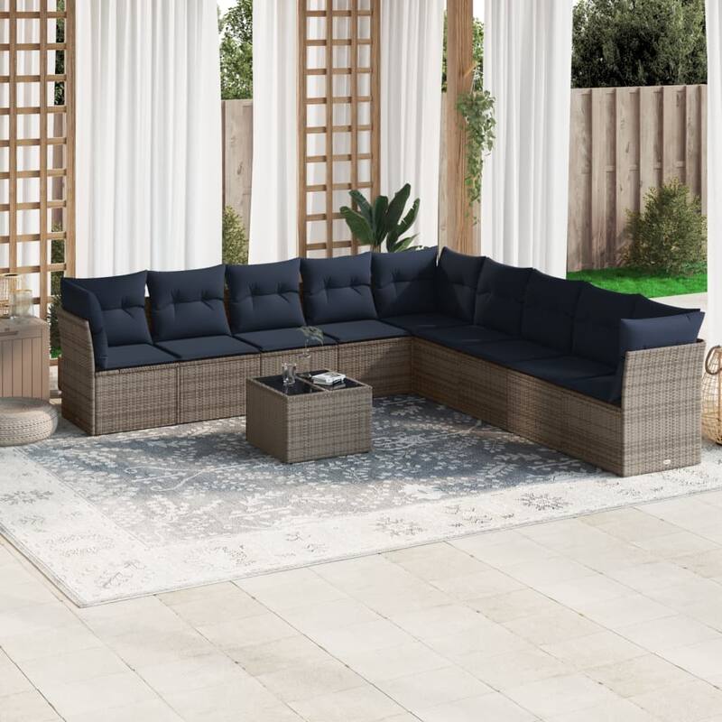 vidaXL 9/10 Piece Patio Sofa Set with Cushions Black/Brown/Gray Poly Rattan - 21.7 x 24.4 x 27.2 - Beige and gray With table
