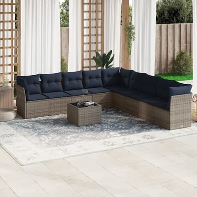 vidaXL 9/10 Piece Patio Sofa Set with Cushions Black/Brown/Gray Poly Rattan - 21.7 x 24.4 x 27.2