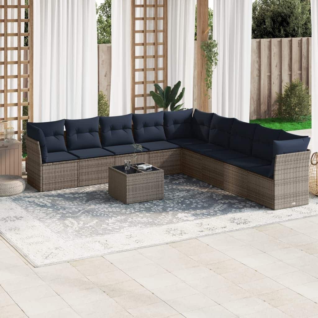 vidaXL 9/10 Piece Patio Sofa Set with Cushions Black/Brown/Gray Poly Rattan - 21.7 x 24.4 x 27.2