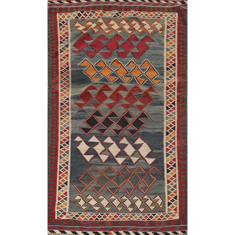 Kilim Qashqai Persian Vintage Rug Hand-Woven Blue Wool Carpet - 4'9"x 8'9"