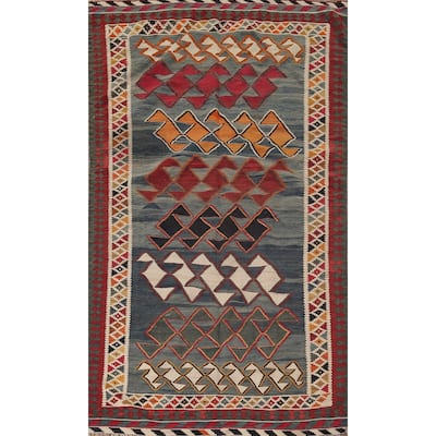 Kilim Qashqai Persian Vintage Rug Hand-Woven Blue Wool Carpet - 4'9"x 8'9"