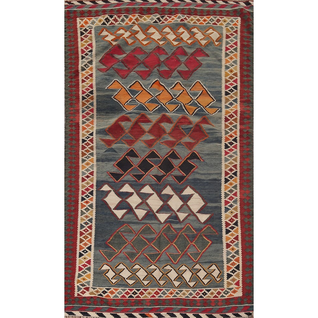 Kilim Qashqai Persian Vintage Rug Hand-Woven Blue Wool Carpet - 4'9"x 8'9"