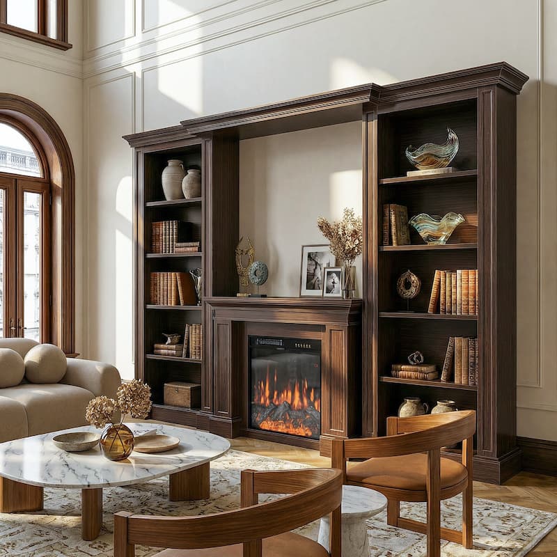 Electric Fireplace Mantel with Bookshelves, 115.5" Entertainment Center with Built-in Shelving