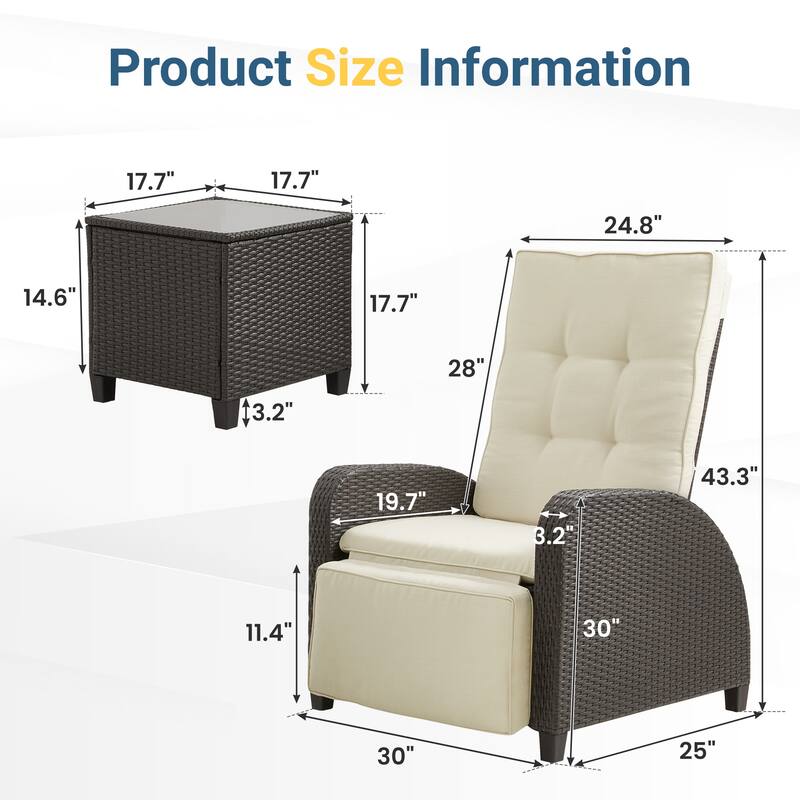 Adjustable Outdoor Recliner Lounge Chair with Storage Side Table and Weather-Resistant Cushions - Beige