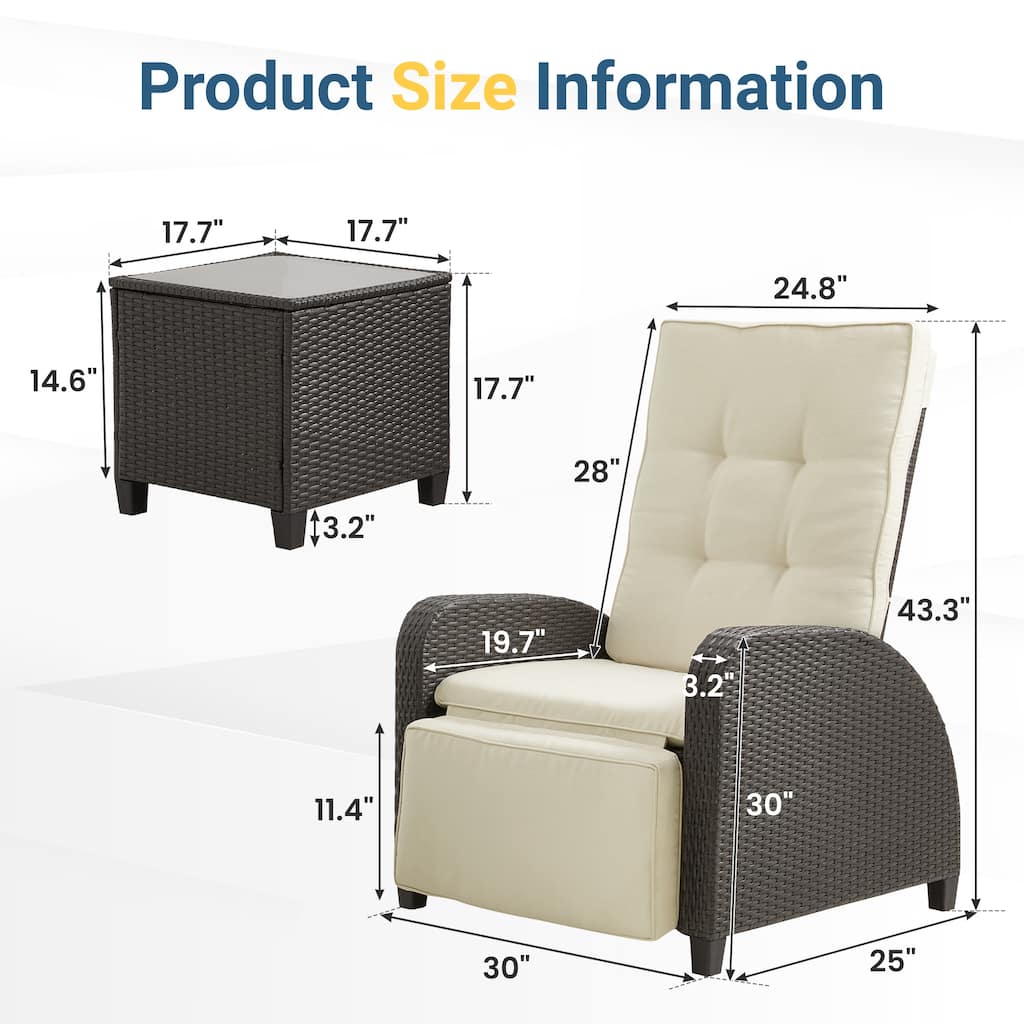 Adjustable Outdoor Recliner Lounge Chair with Storage Side Table and Weather-Resistant Cushions