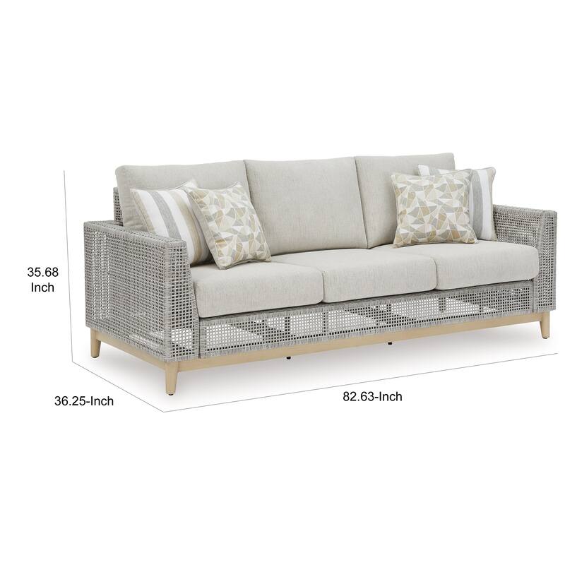 Yami 83 Inch Outdoor Sofa, 4 Accent Throw Pillows, Gray Resin Wicker