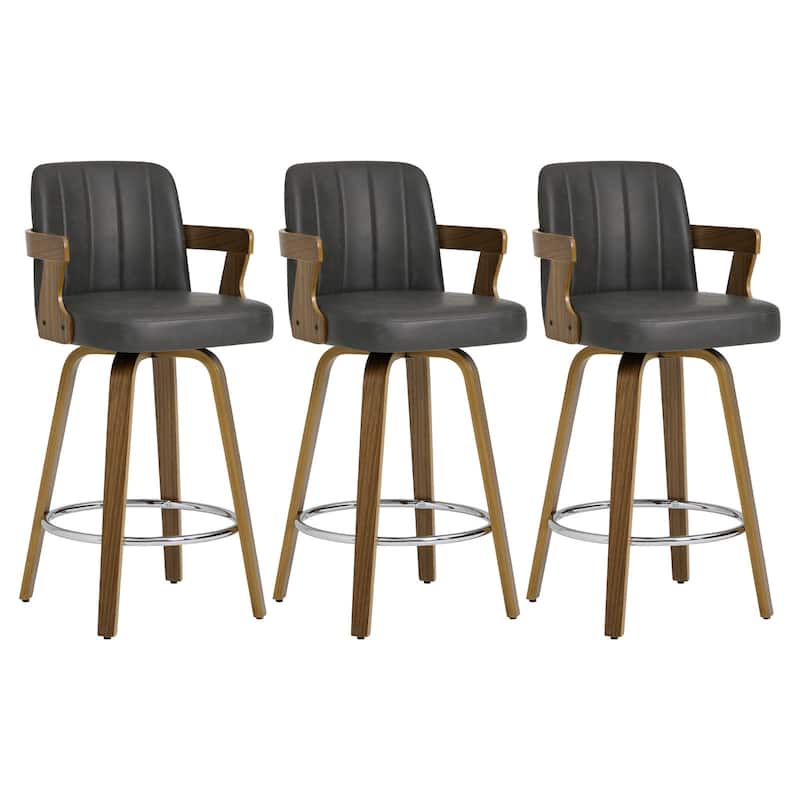 Upholstered Swivel Barstool with Arms and Bentwood Legs - 40.8"H x 18.9"W x 19.5"D/19.3"D