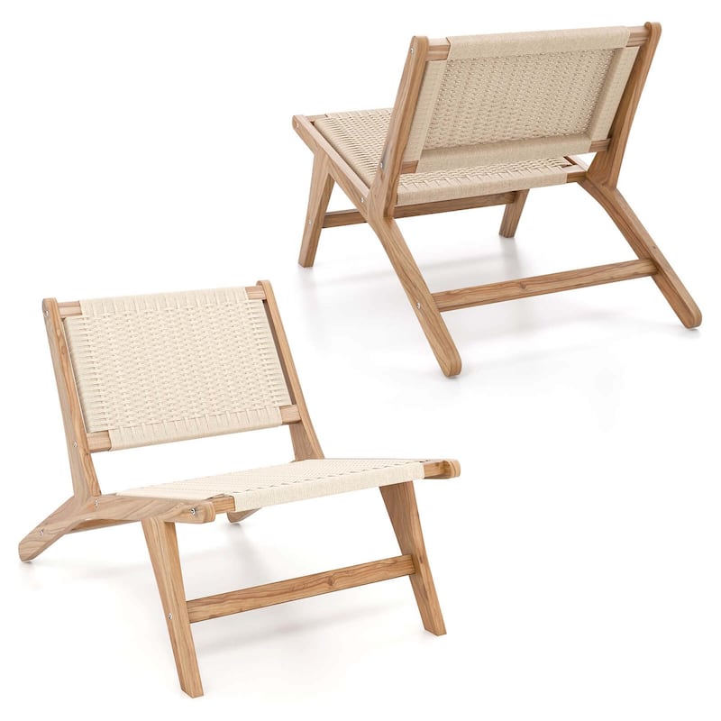 1/2 PCS Modern Accent Teak Wooden Chair w/ Braided Seat & Backrest - 2 PCS