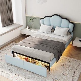 Full Size Upholstered Princess Platform Bed with LED and 2 Storage Drawers,Blue