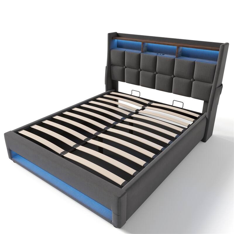 Queen Size Upholstered Platform Bed w/ a Hydraulic Storage System, LED