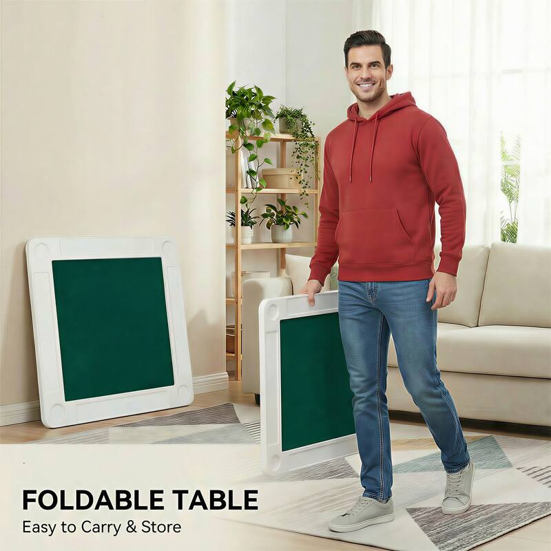 Anmytek Foldable 4-Player Game Table with Cup Holders & Tile Trays, Mahjong Poker Dice Table with Green Felt Surface