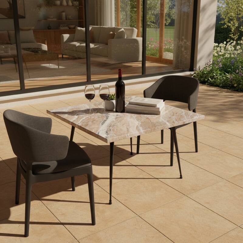 Taro Coffee Table, 24 Inch Square Taupe Brown Real Marble Top, Black Metal Legs