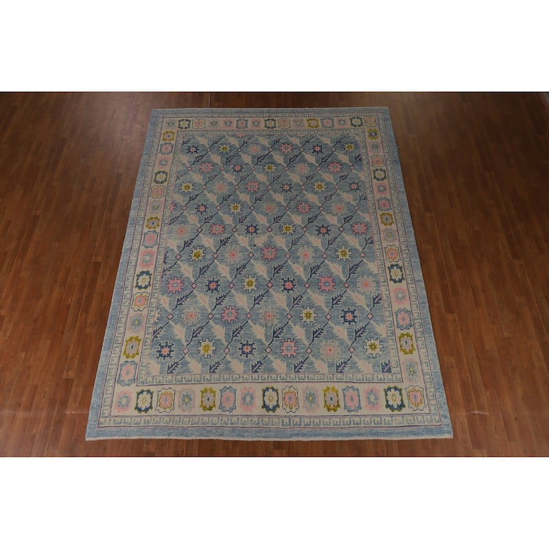 Hand Knotted Oriental 100% Wool Carpet Transitional All-Over Navy Blue & Blues Oushak Area Rug - 10' 10'' X 8' 2''