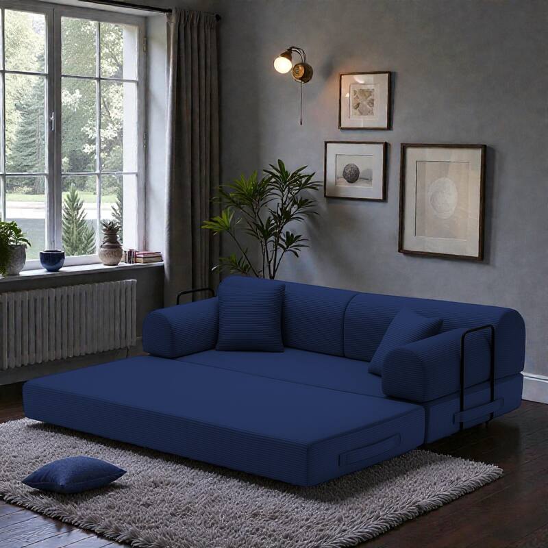 Convertible Sleeper Sofa Bed, 4-in-1 Corduroy Folding Floor Couch with Cylindrical Pillow, 2-Seat Space-Saving Lounge Sofa