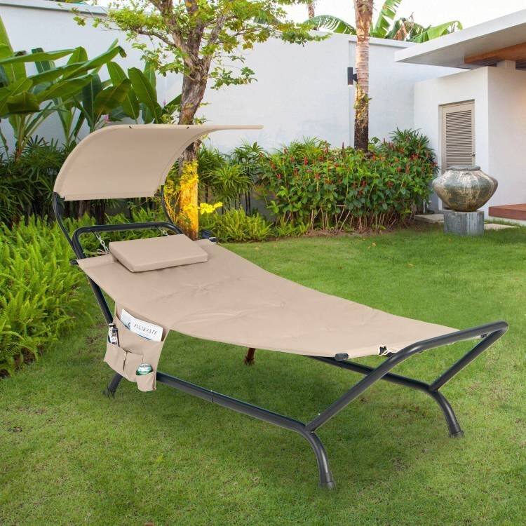 Metal Canopy Hammock Chaise Lounge Chair with Pillow and Stand - 95.5" x 40.5" x 53"
