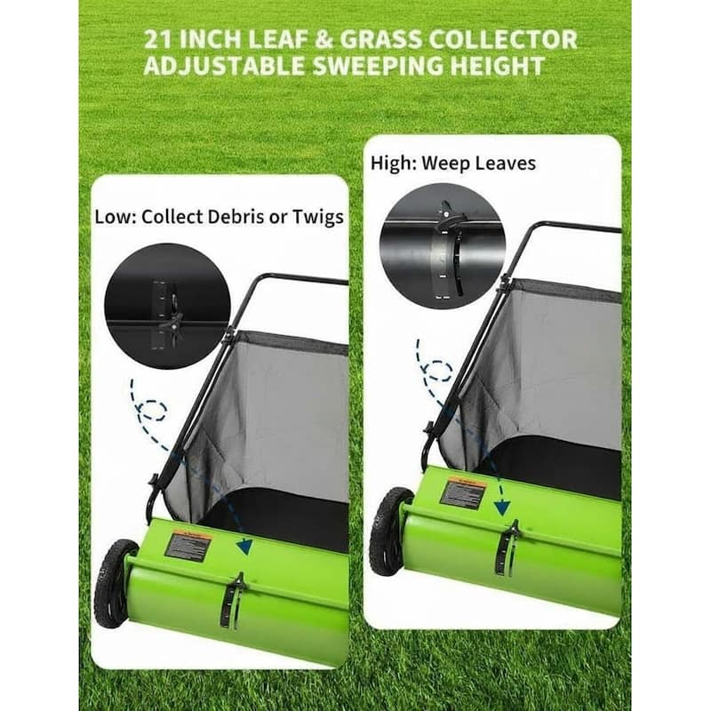 21-Inch Push Lawn Sweeper 35 cu. ft. Capacity Adjustable Height for Grass Leaves and Debris