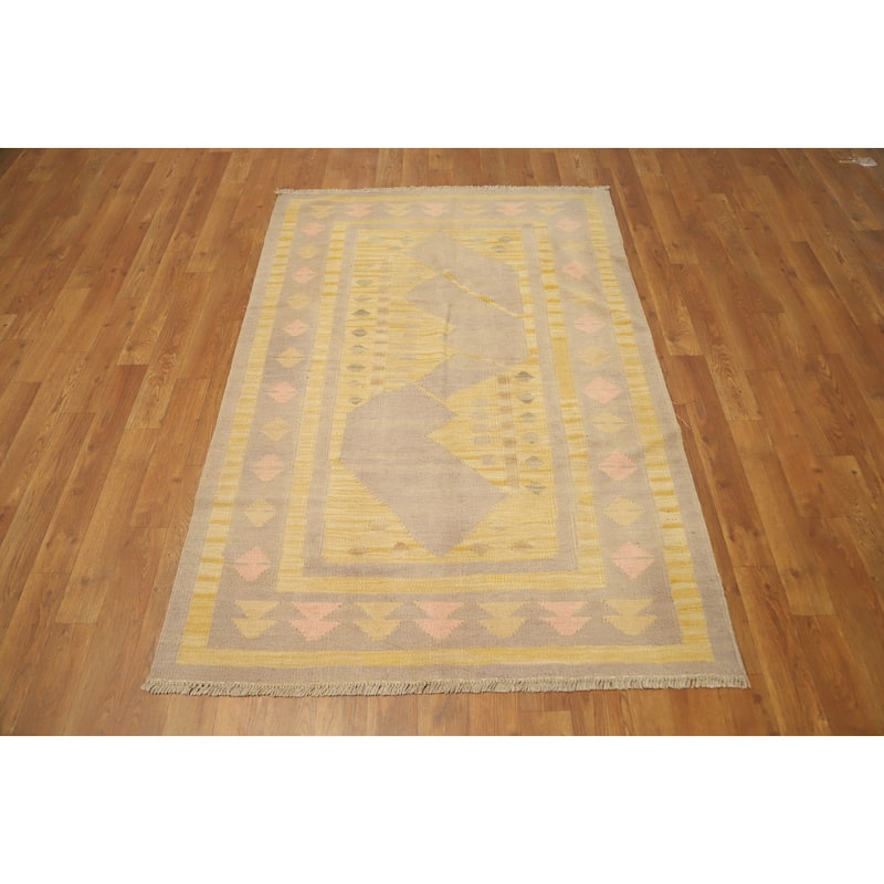 Hand Woven Oriental 100% Wool Carpet Southwestern Tribal Yellow & Gold Kilim Area Rug - 4' 10'' X 3' 4''