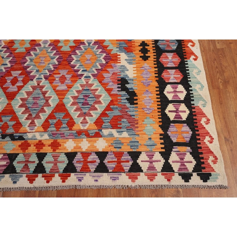 Orange Kilim Area Rug Hand-Woven Reversible Wool Carpet - 8'5" x 11'5"