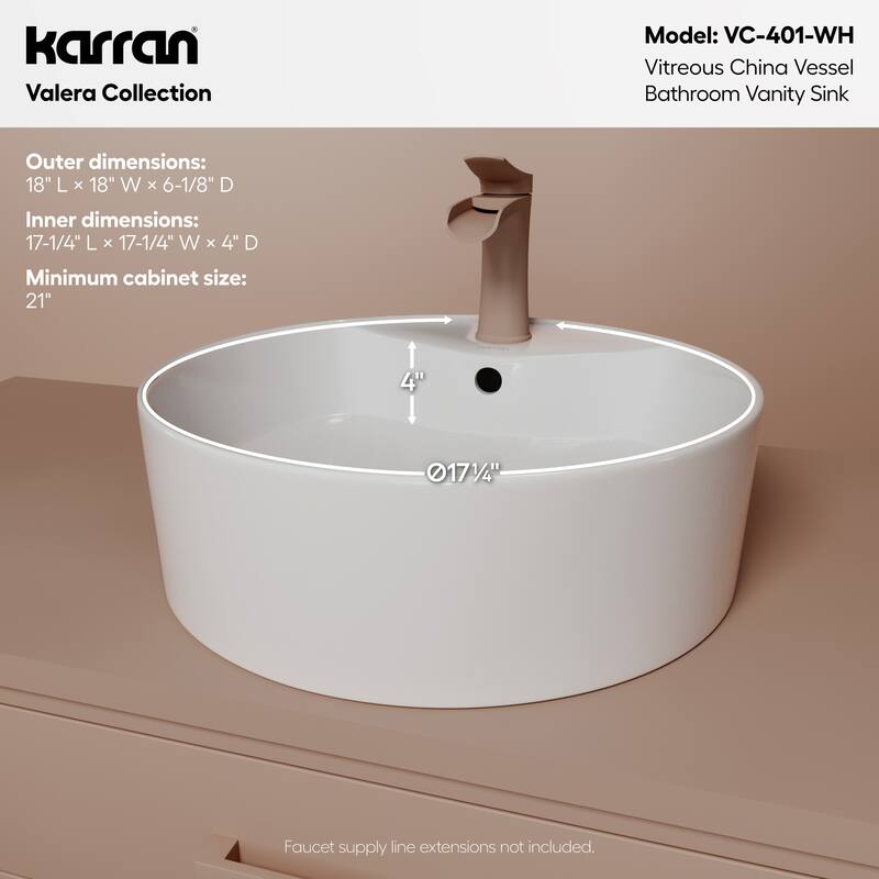Karran Valera 18" Vitreous China Vessel Bathroom Sink in White with Overflow Drain
