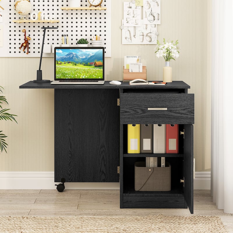 MDF Folding Computer Desk with Storage Cabinet, Drawer and Wheels