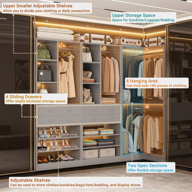 Set of 2/ 3 Coner Closet System with Shoe Racks and Drawers, Freestanding Closet Organizer with Hanging Rods and Shelves