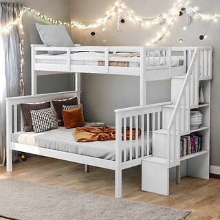 White Twin and Full Size Stairway Bunk Bed with Storage and Guard Rail ...