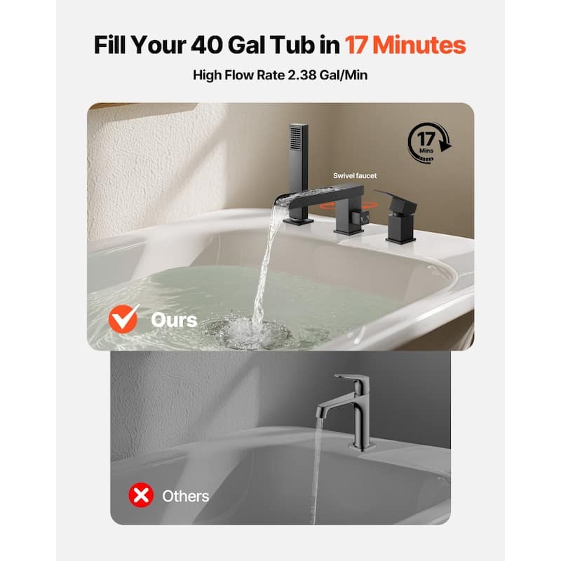 Matte Black Stainless Steel Roman Tub Faucet with Handheld Shower - 6.3 L x 2.8 W x 9.61 H in