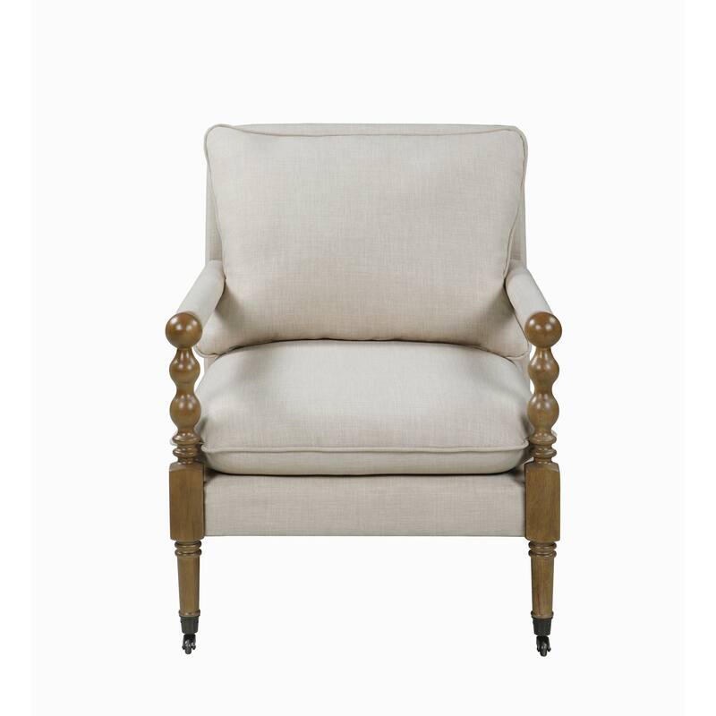 Fabric Upholstered Wooden Accent Chair with Manchette Armrest, Beige and Brown