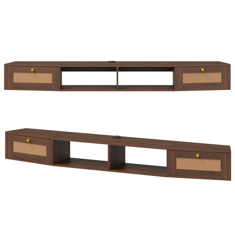 EROMMY Wall-Mounted TV Cabinet with Rattan Doors & Shelves - Floating Entertainment Center with Cable Management