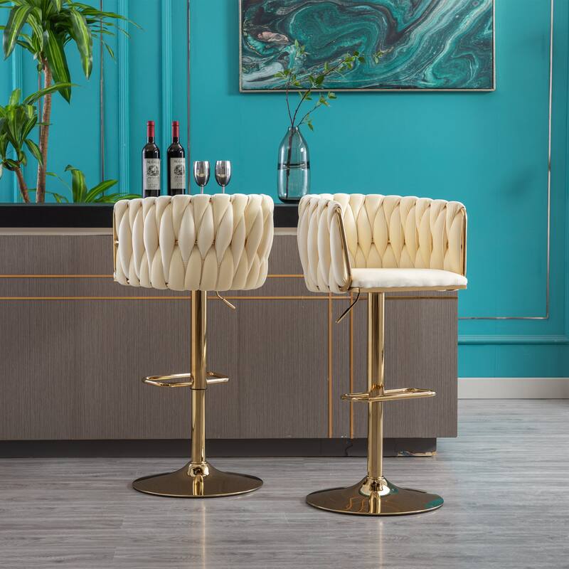 Set of 2 Bar Stools,with Chrome Footrest and Base Swivel Height Adjustable Mechanical Lifting Velvet + Golden Leg
