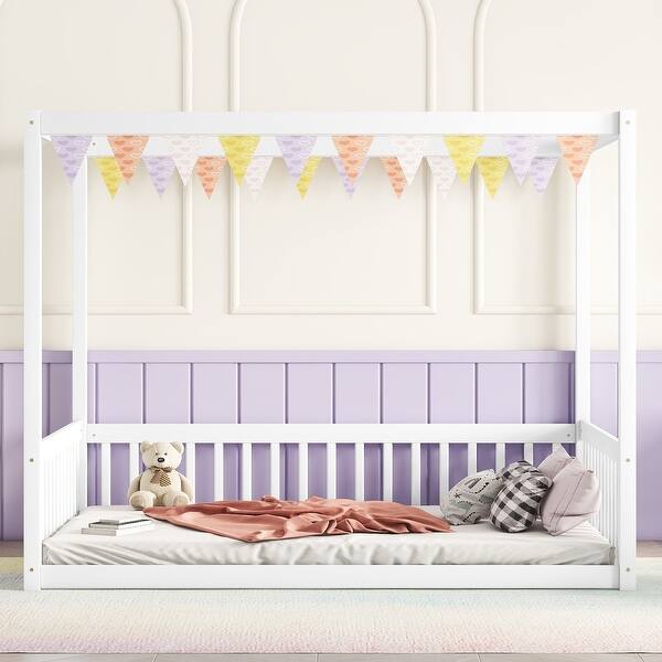 slide 2 of 7, Full Size Pine Wood Canopy Frame Floor Bed w/Fence & Guardrails, White White - Full