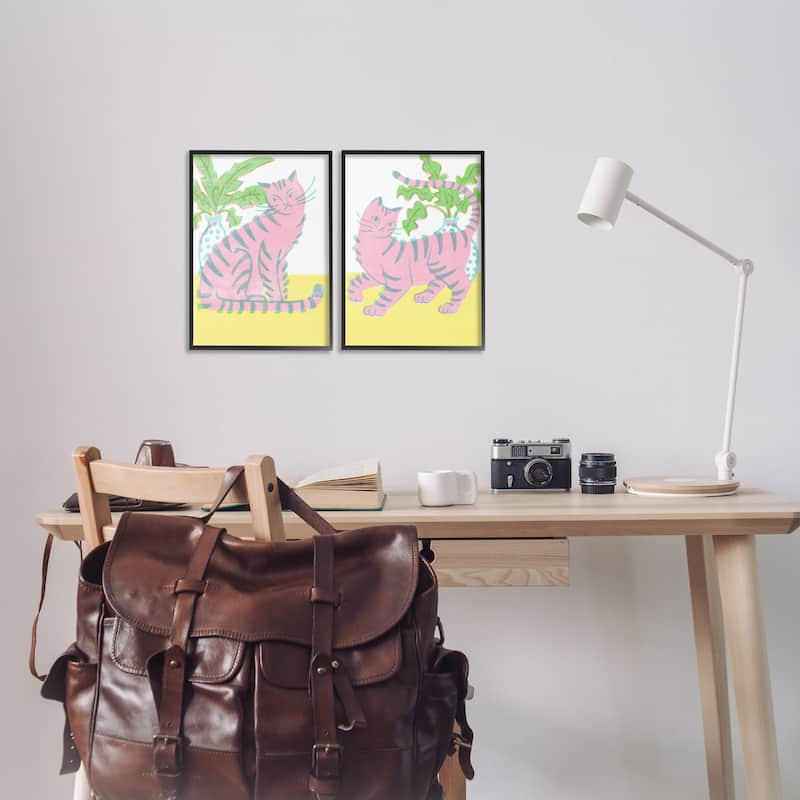 Stupell Pastel Pink Cats & Plants Framed Giclee Art Design By Hannah Moren (Set of 2)