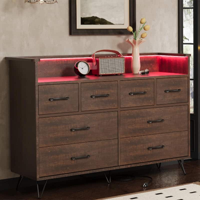 8 Drawer Dresser for Bedroom with LED Light, Charging Station & Open Shelf
