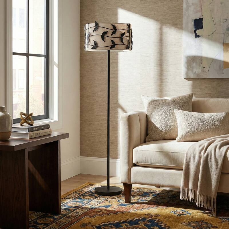 Acroma Black/Gold Leaf-Accent Fabric Shade Floor Lamp