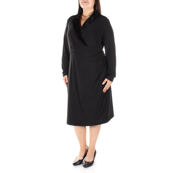 RALPH LAUREN Womens Black Ruched Velvet Long Sleeve Collared Below The Knee Sheath Dress Plus Size: 16W